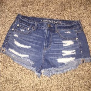 Medium washed jean shorts.